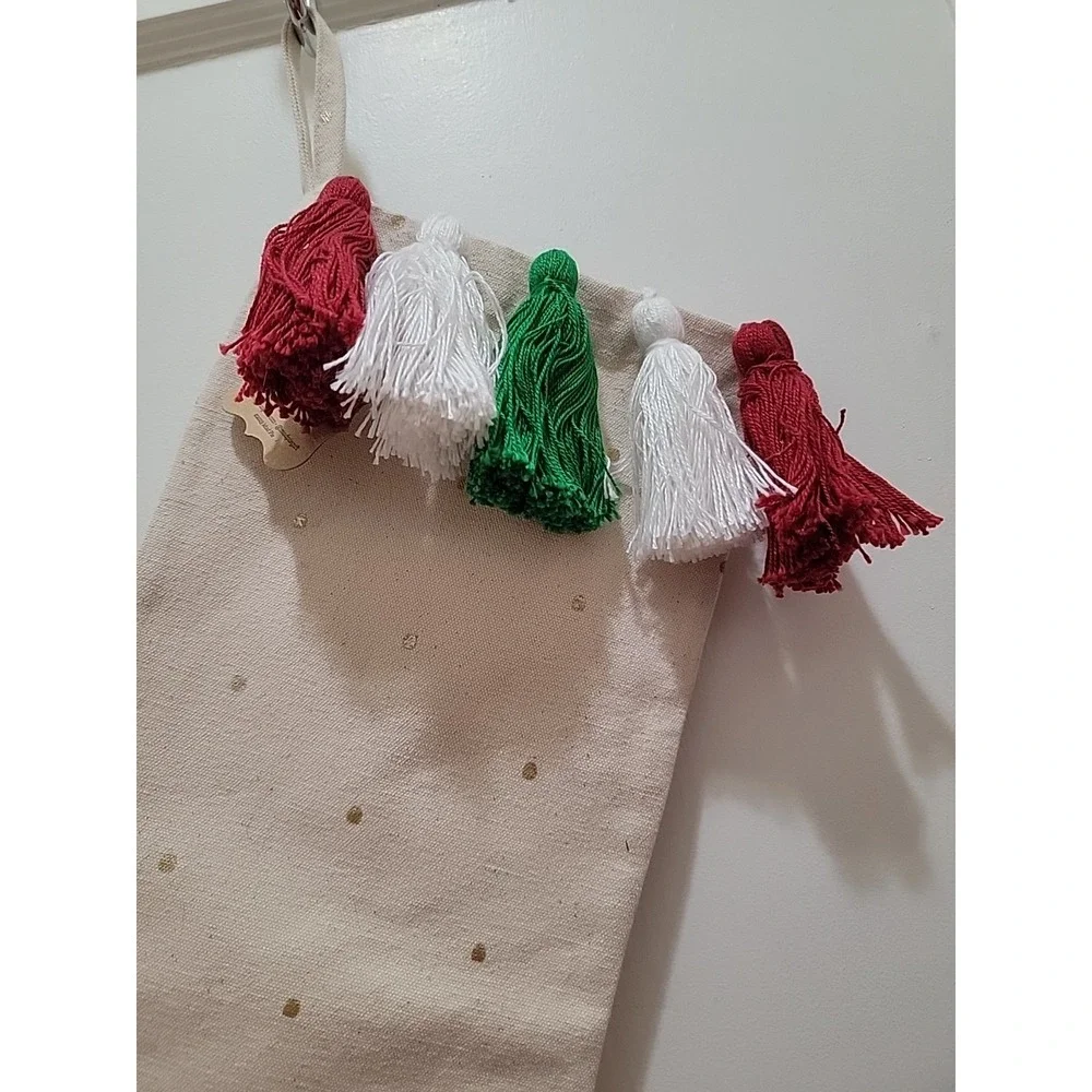 Mud Pie Canvas Gold Polka Dot Christmas Stocking.   New With Tags